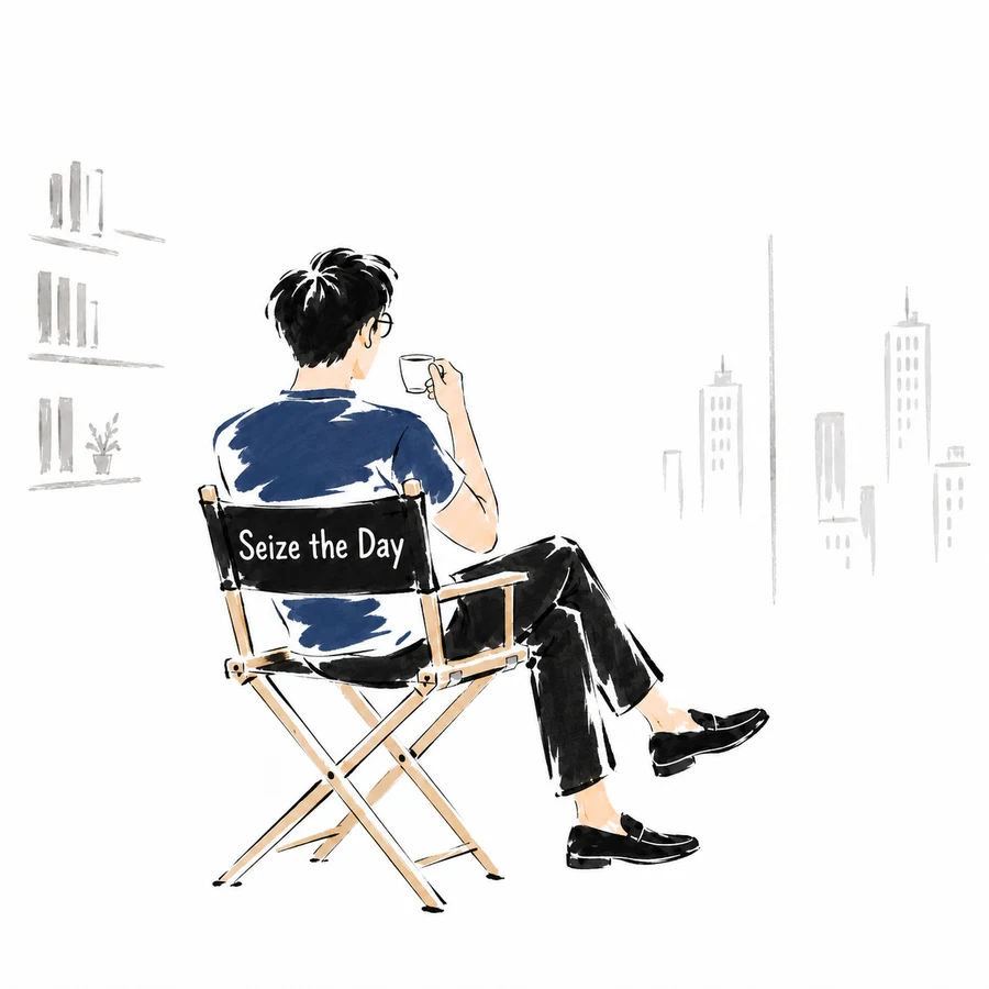 นพดลนั่งจิบกาแฟบนเก้าอี้ seize the day